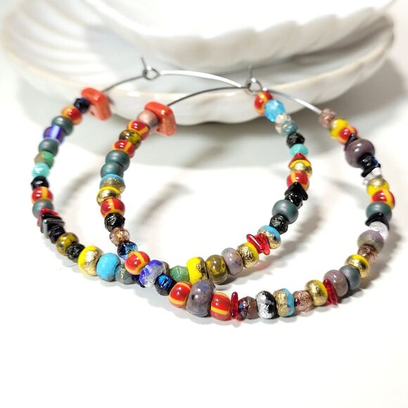 Hoop Earrings  657#FS bohemian multicolor beaded big hoop earrings art 2R summer - Picture 1 of 7